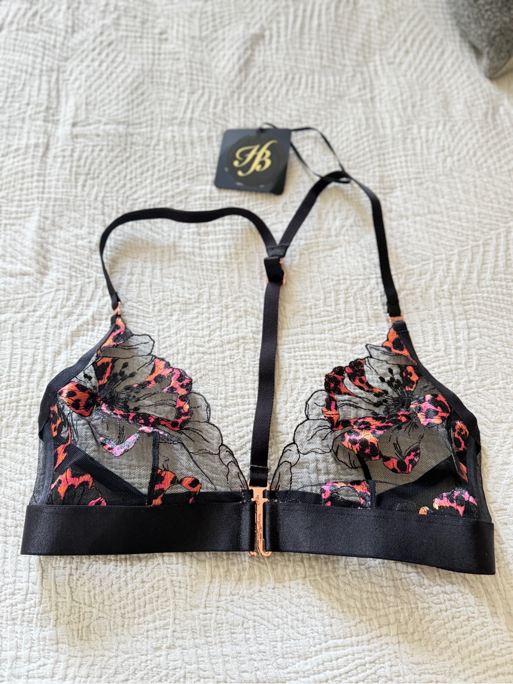 Honey Birdette Black Sheer Bralette with Pink & Orange Floral Embroidery